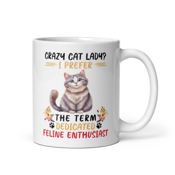 Crazy cat lady? I prefer the term dedicated feline enthusiast funny cat coffee mug / cup